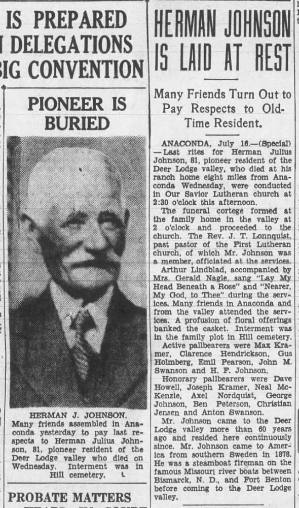 Eggen Family Tree - Herman Johnson - 1938 - Obituary